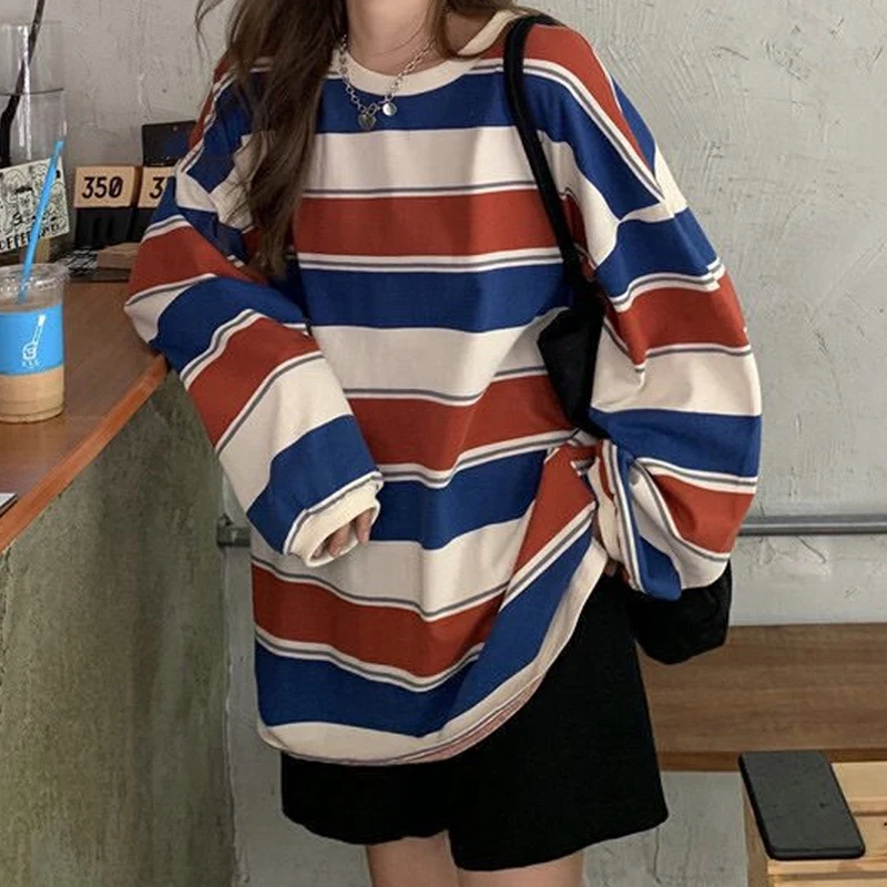 

Autumn Korean Style Loose Striped SweatShirts Women Casual Long Sleeve Pullovers Couples Matching Long Sleeve New Tops 29027