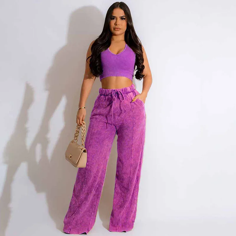 

Solid Sporty Two Piece Set for Women Matching Sets Fitness Tank Crop Top and Wide Leg Pants Casual Sweatsuits Jogger Tracksuit