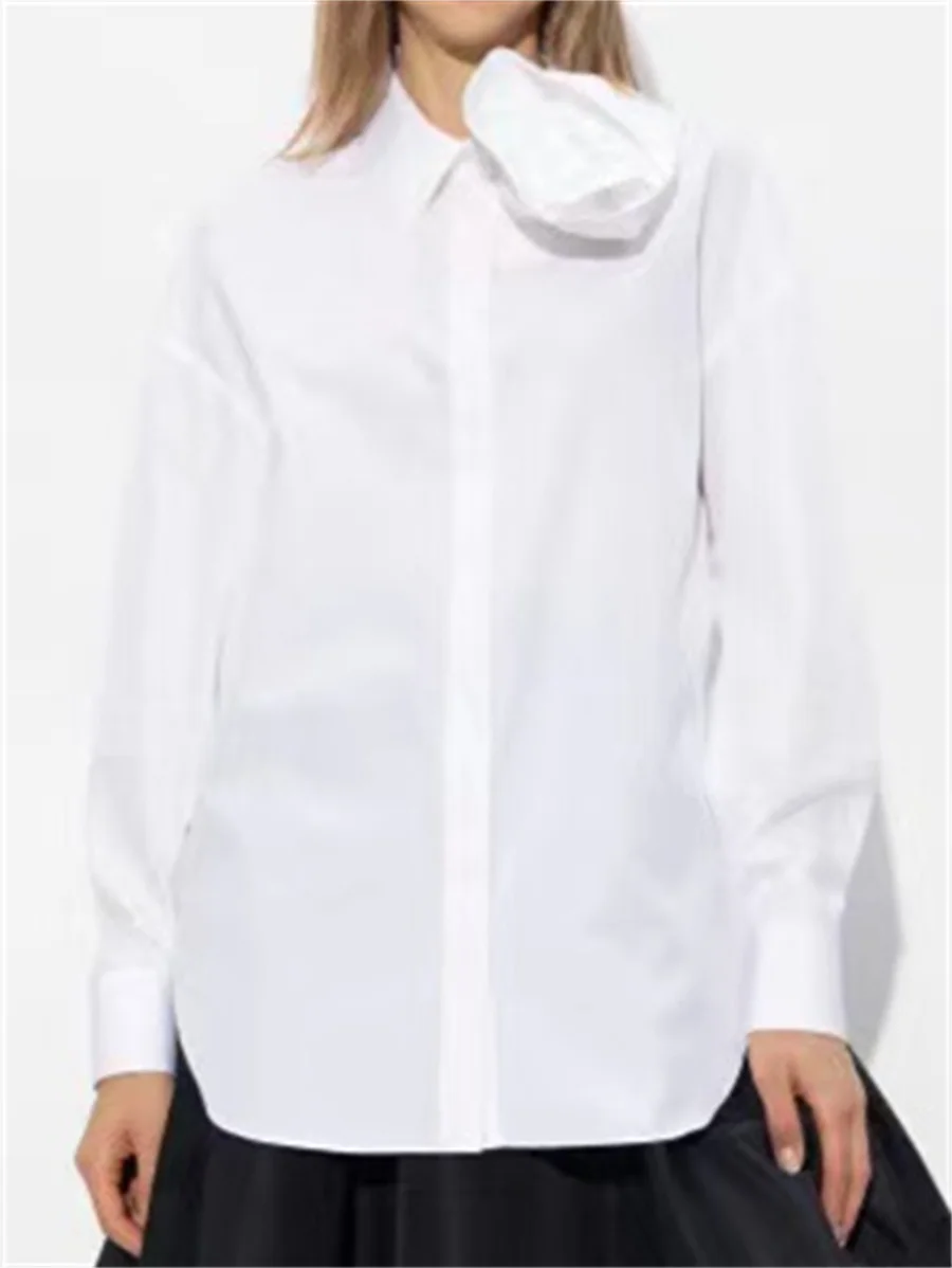 

Женская рубашка, Новинка осени 2023, корейская мода, Высококачественная женская рубашка с 3D цветочным украшением, хлопковый Женский Топ с длинным рукавом, traf