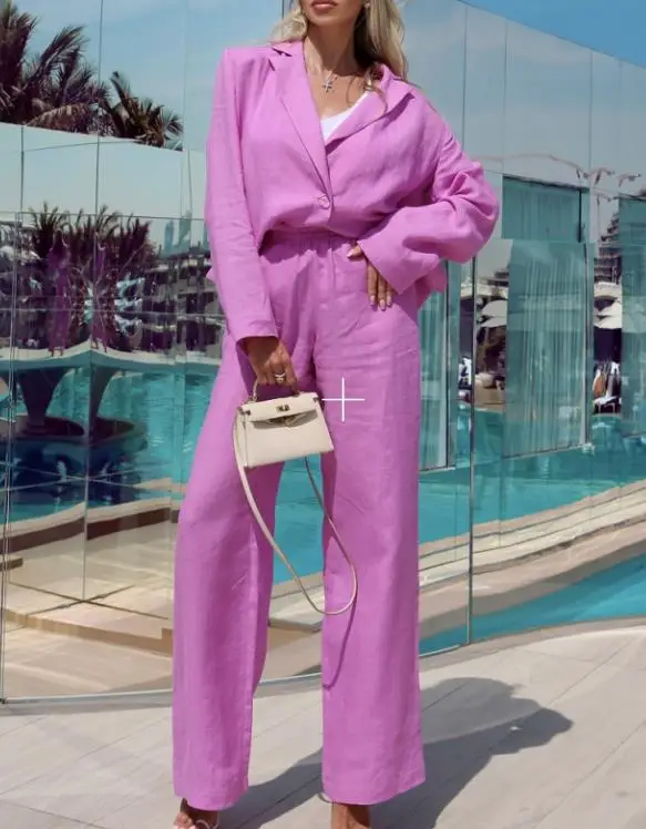 

2022 Rose Red Suit Set Women Blazer and Pants Solid Color Two Piece Set