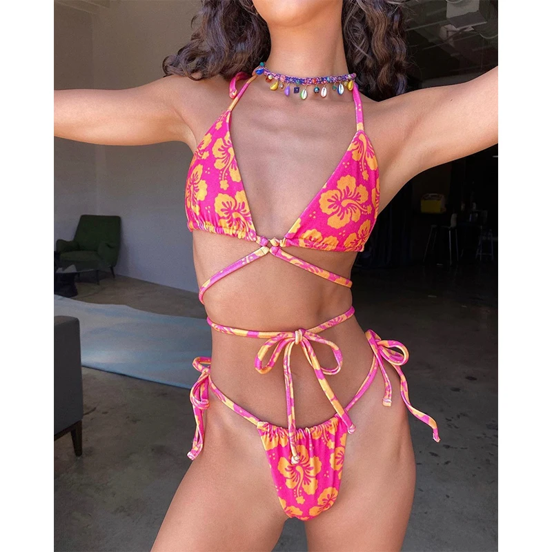 

Swimming Suit Bikini 2022 Woman Sexy Brazilian Summer Strapless Push Up Top Thong Two Piece Swimsuit Pink Rose Femme High Waist