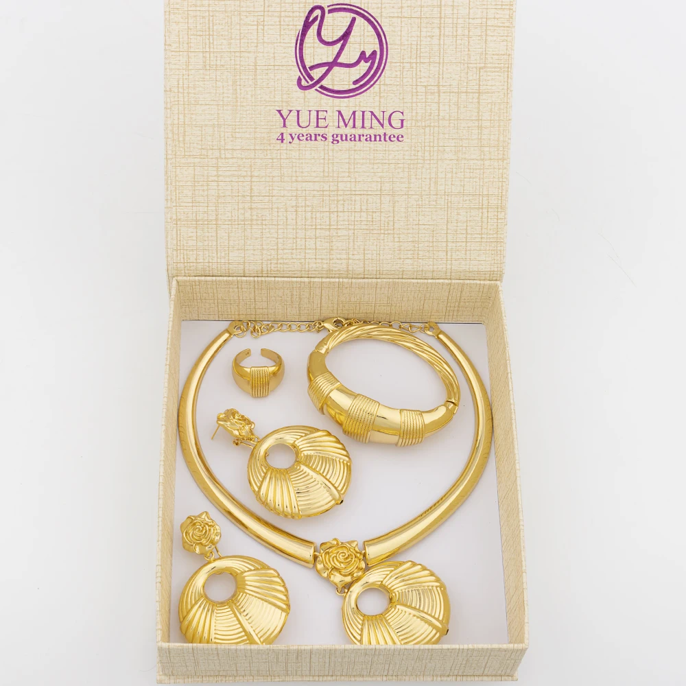 

Trendy Gold Plated Jewellery Women Fashion Pendant Necklace and Earrings for Weddings Bridal Bangle Ring Set for African Dubai