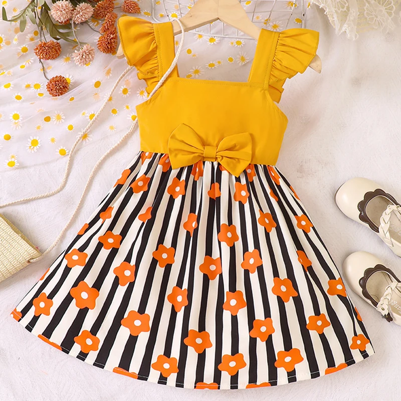 

Girls Flower Stripes Suspenders Princess Dress Summer Flying-sleeve Cute Bow Party Dresses 2-6Y Vestidos Kids Birthday Cosetumes