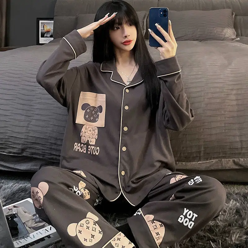 Pajamas Women's Spring Autumn New Loose Long Sleeve Cardigan Pijamas Two Piece Korean Cute Cartoon Sleepwear Home Clothes Set