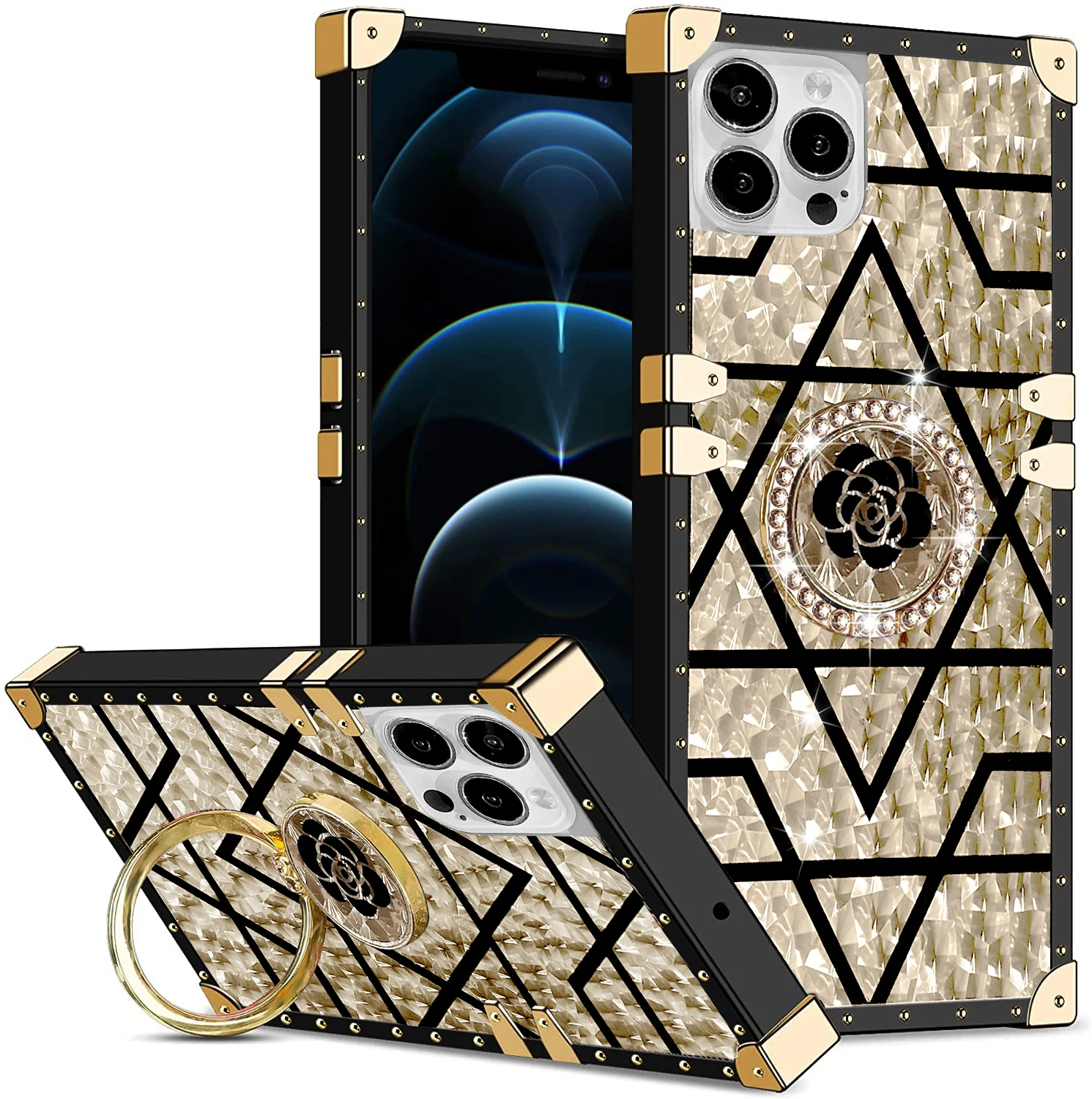 

Luxury Ring Flowers Phone Case For iPhone 12 13 Mini 11 Pro Max SE 2020 6 7 8 Plus 13Pro XS Max X XR Square Cover iphone13 Coque
