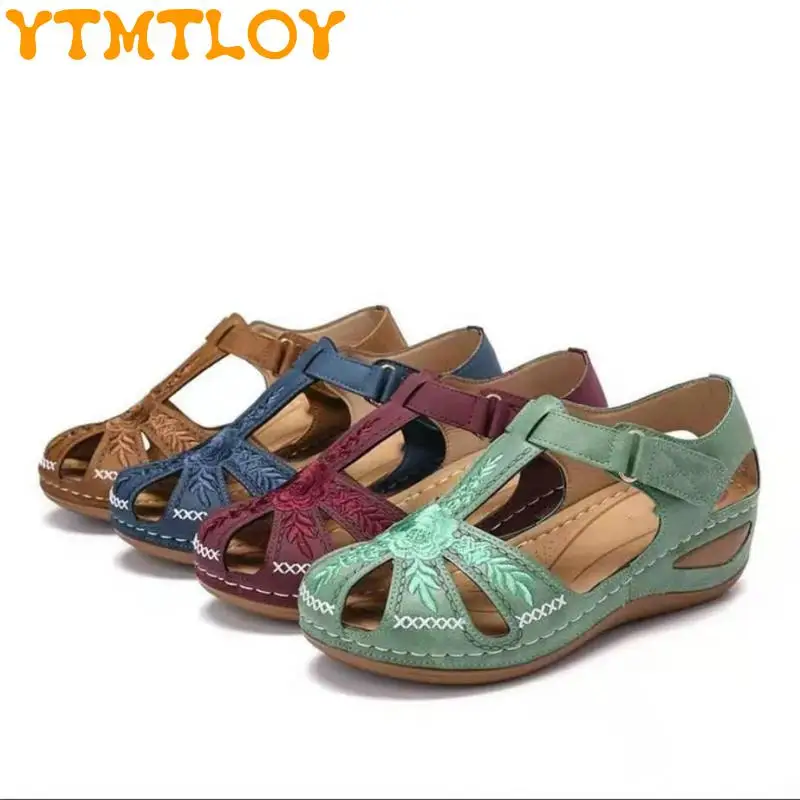 

35-43 Large Size Cross-border Hot Wind Women's Embroidered Sandals, Soft Bottom Velcro, Beach Non-slip Slope Heel Hole Shoes