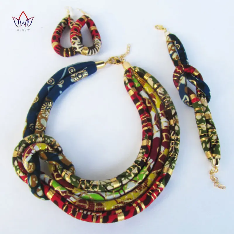 

BRW 2022 Afrocentric Necklace Asymmetric Necklace Ankara Fabric Set Side Knot Necklace,Bracelet And Earrings 3 Pieces WYB203