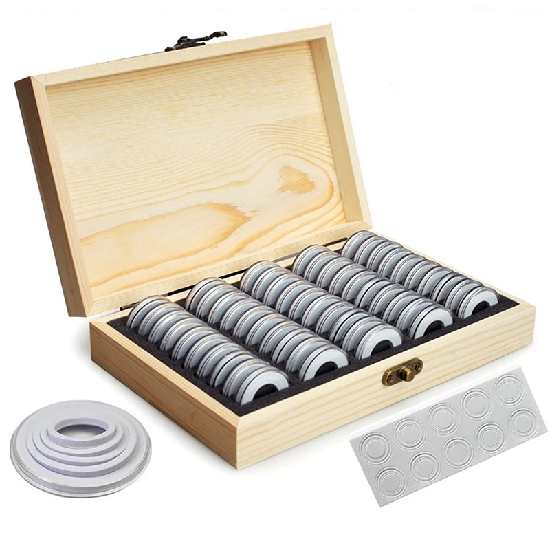 

50PCS Coins Storage Box With Adjustment Pad Adjustable Antioxidative Wooden Commemorative Coin Household Collection Case