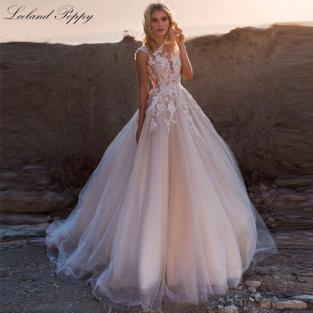 

Lceland Poppy Women's A Line Glitter Tulle Wedding Dresses Sleeveless Floor Length Beaded Lace Appliques Bridal Gowns