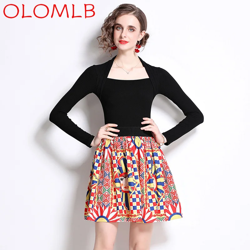 

OLOMLB 2022 Retro French Halterneck Slim Long-sleeved T-shirt + Printed Skirt Two-piece Women's Work Commuter Wear
