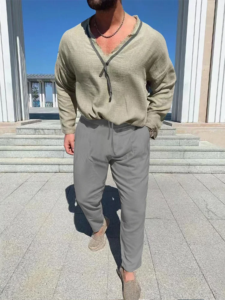 

Fashion Tassel Two Piece Sets Men Mens Solid Cotton Linen Suits Spring Long Sleeve Tees + Drawstring Long Pockets Pants Sets