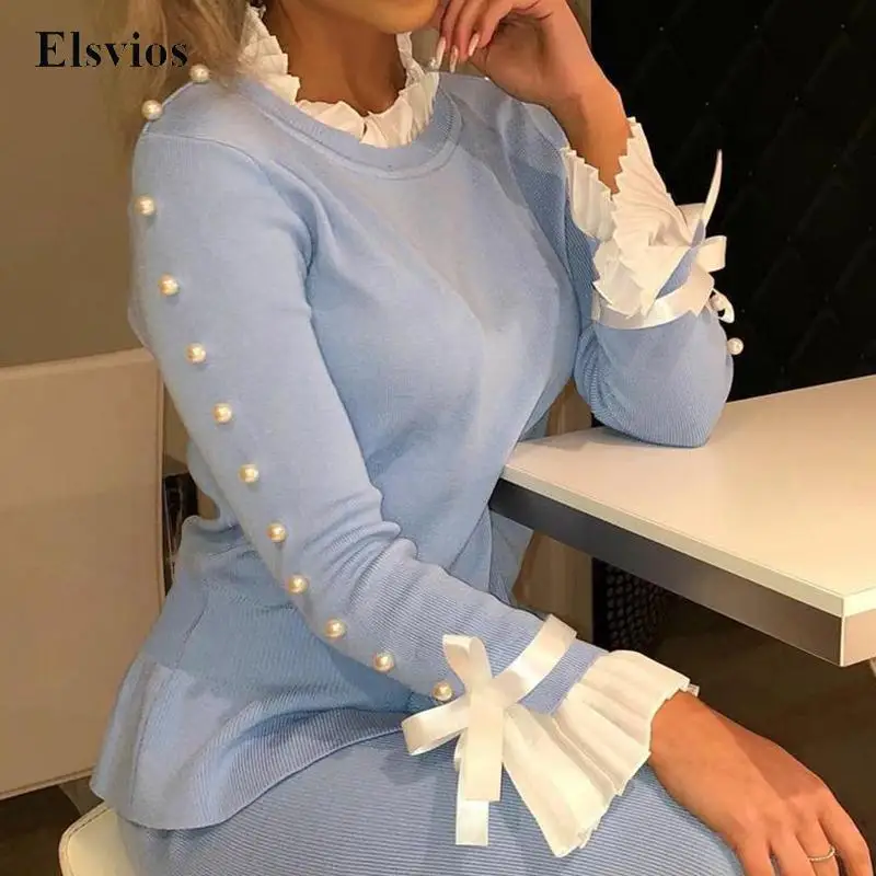 

Fashion Long Sleeve Women Shirt Blouse Casual Patchwork Pleat Bow Beaded Tops Pullover Elegant Ruffle O-Neck Vintage Sweatshirt
