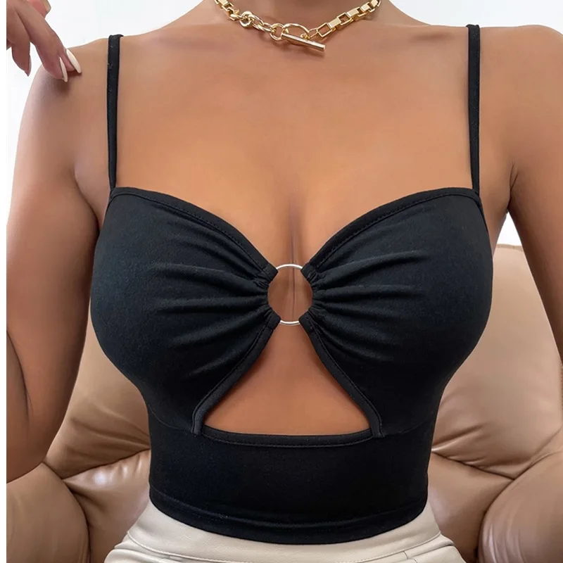 

Women Sexy Crop Tops Camisole Spaghetti Strap V Neck Cut-out Round Ring Linked Sleeveless Cami Tank Tops Slim Vest Corset