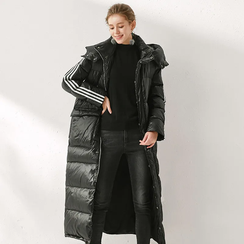 Enlarge Lovers' Down Jacket Large Size Winter Men's And Women's Same removable Hooded Extended Length Down Jacket Black Down Jacket