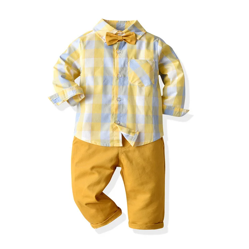 2022 Spring and Autumn Children's Long-sleeved Yellow Plaid Shirt + Bib Trousers Two-piece Set Gentleman's Children's Clothing