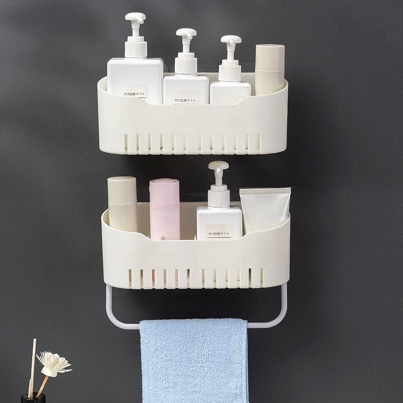 

1pc Punch Free Detachable Grid Keep Tidy Dorm Wall Mounting Shower Shelf with 4 Hanging Hooks Bathroom Shelf for Home Hotel