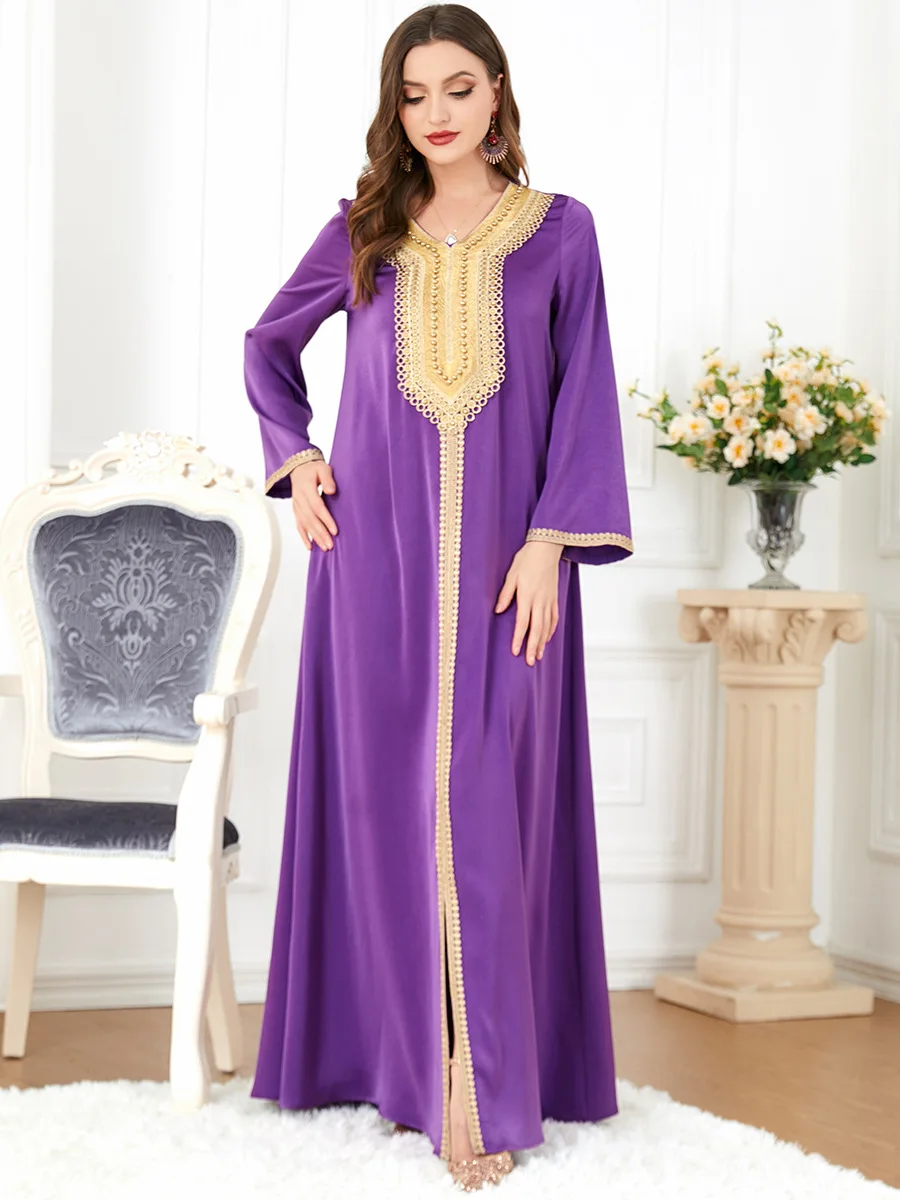 Women Ramadan Muslim Noble Purple Pearl Embroidered Skirt Turkish Indian Abaya Arab Islamic Woman Moroccan Kafutan Gown