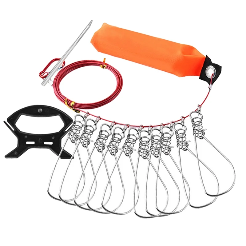 Fishing Stringer Live Fish Lock,Stainless Steel Fish Stringer Clip,With Float And Handle,Fishing Lock With 10 Snaps