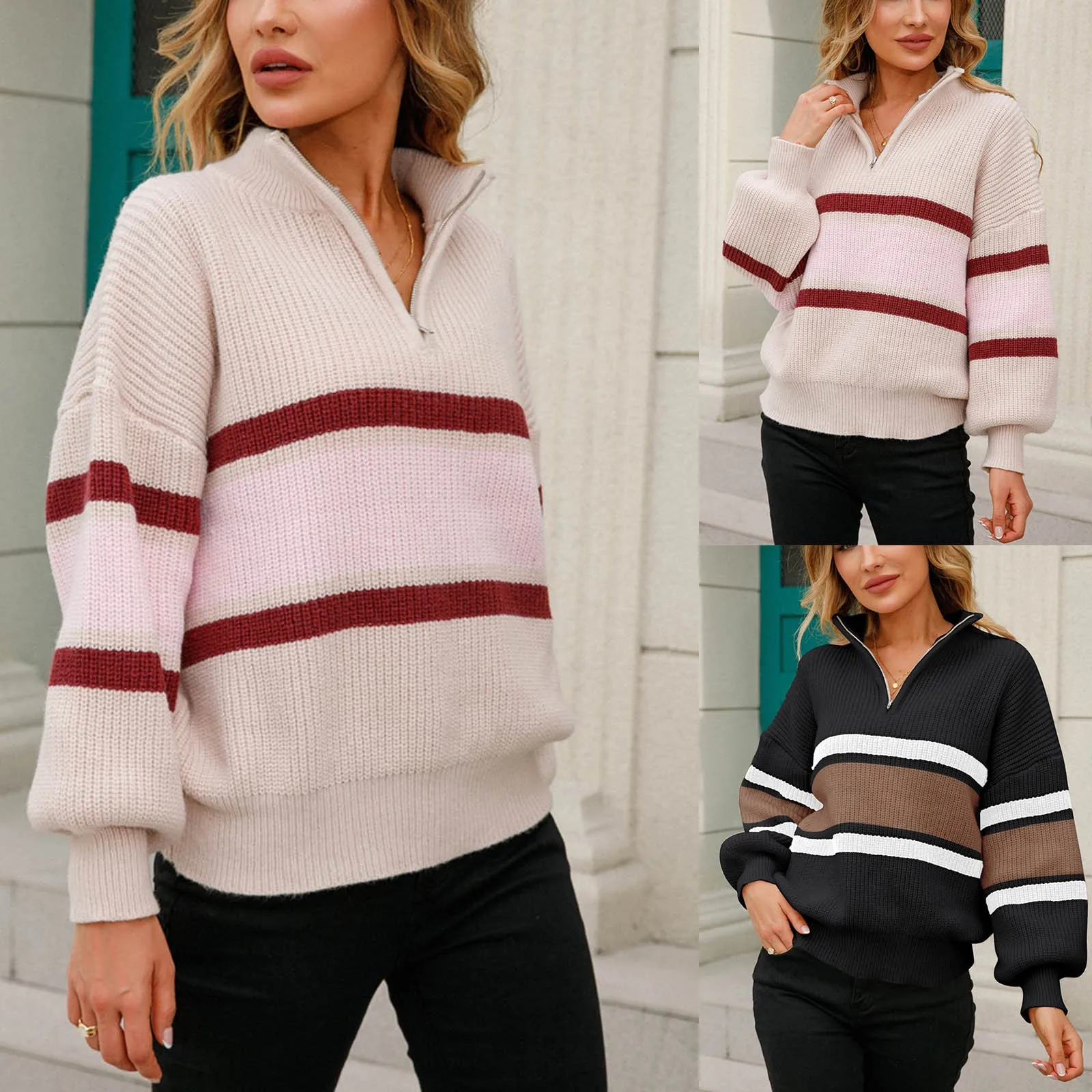 

Casual Long Sleeve Half Zip Pullover Sweaters Colorblock V Neck Collar Knitted Loose Slouchy Jumper Womens Heavy Pullover