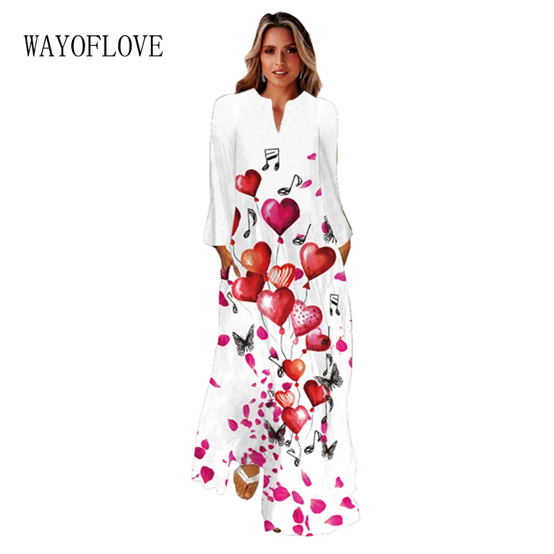 

WAYOFLOVE Spring Autumn Woman Vintage Long Dress Elegant Long Sleeve Beach Casual Heart Print Vestids V Neck Loose Dresses Party