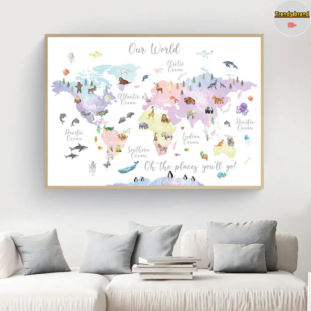 

Educational Animal World Map Canvas Painting Art Nordic Posters and Prints Wall Pictures for Living Room Decoration Frameless
