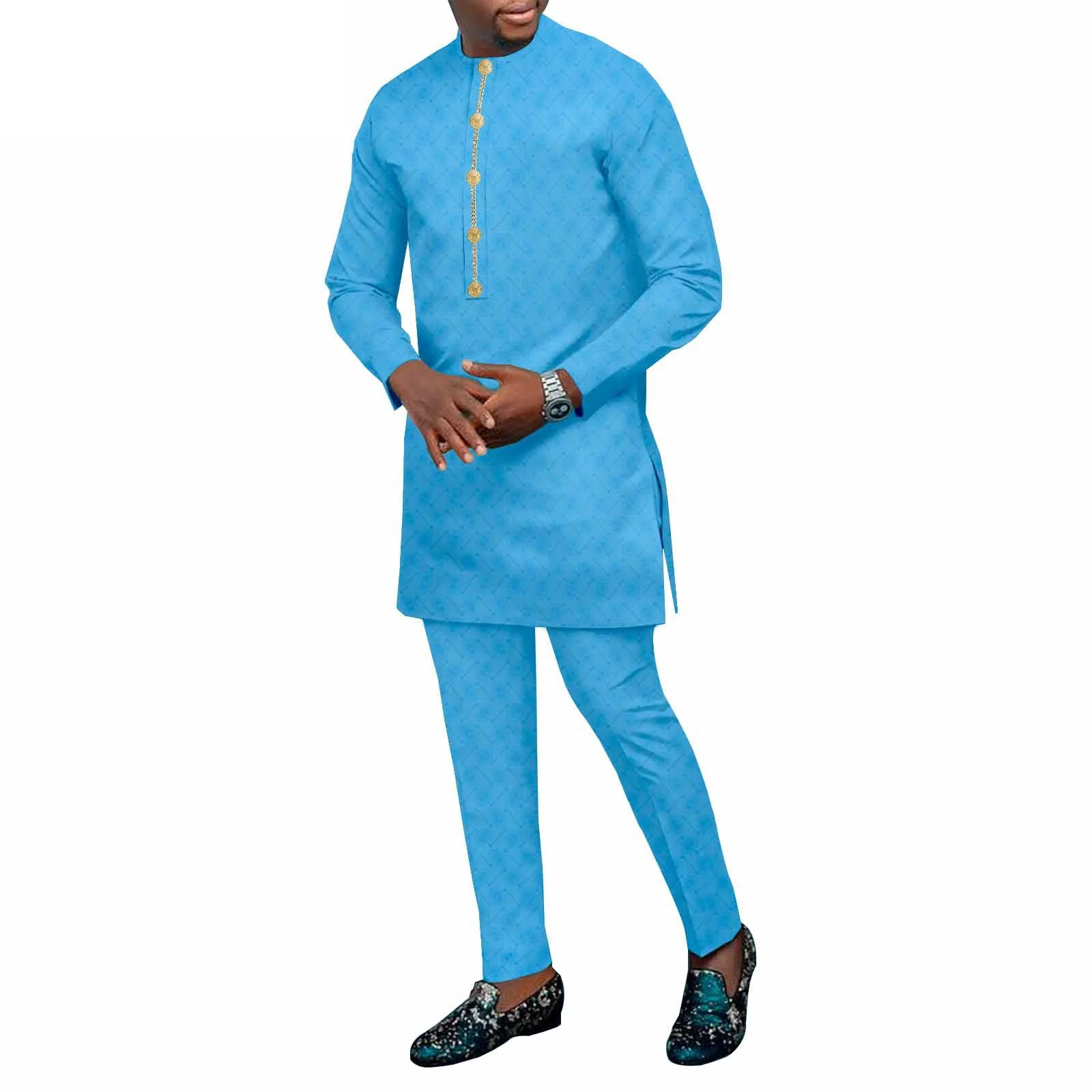 

Длинная Мужская рубашка с принтом Дашики + брюки, 2 предмета, индивидуальный модный мужской костюм для жениха, африканская женская одежда