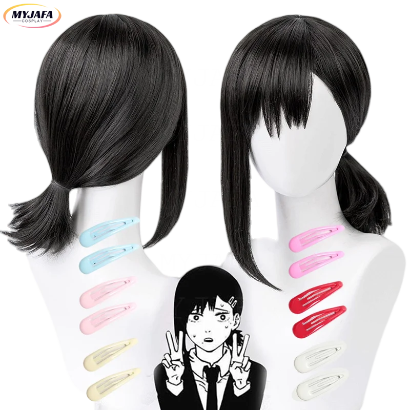 Парик для косплея хигашияма кобени из аниме «бензопила», термостойкие черные короткие волосы из свиного хвоста, с шапочкой и шпильками