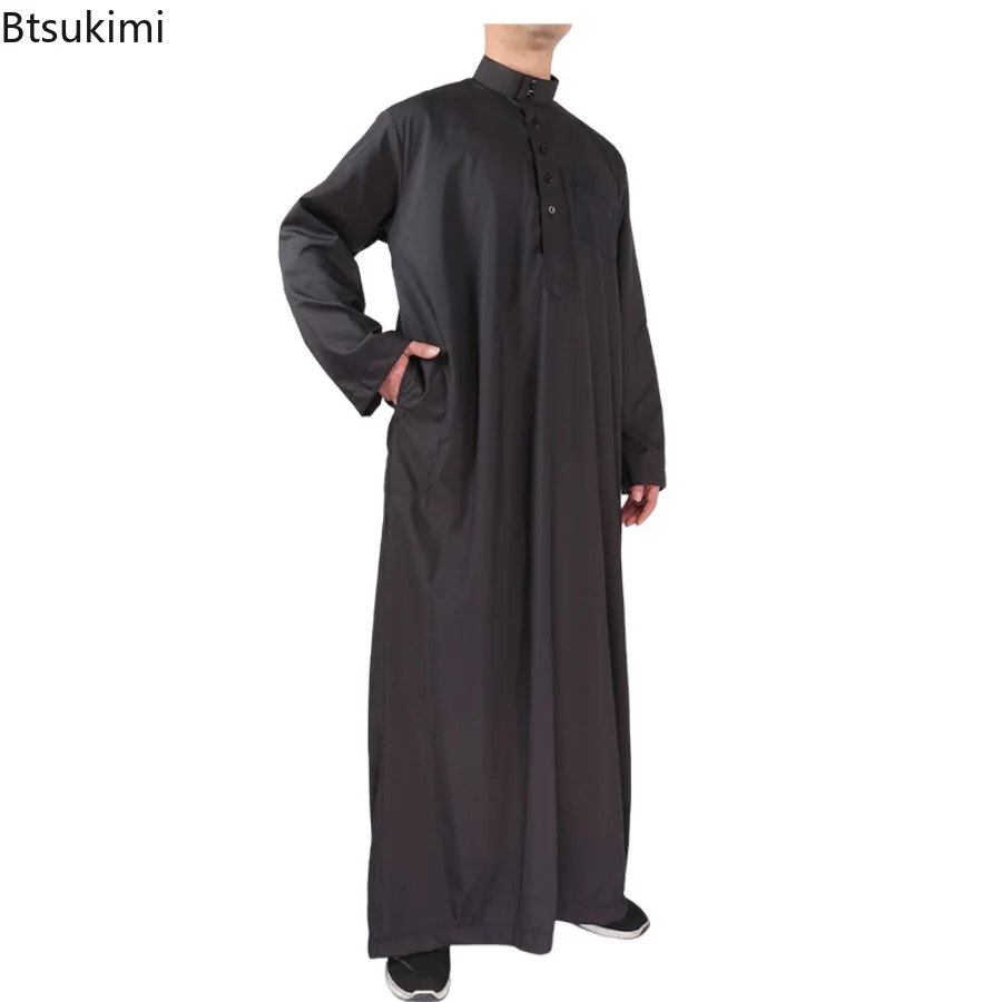 Muslim Fashion Men Jubba Thobe Black Long Sleeve Dress Ramadan Eid Dishdasha Arab Kaftans Robe Open Button Middle East Abayas