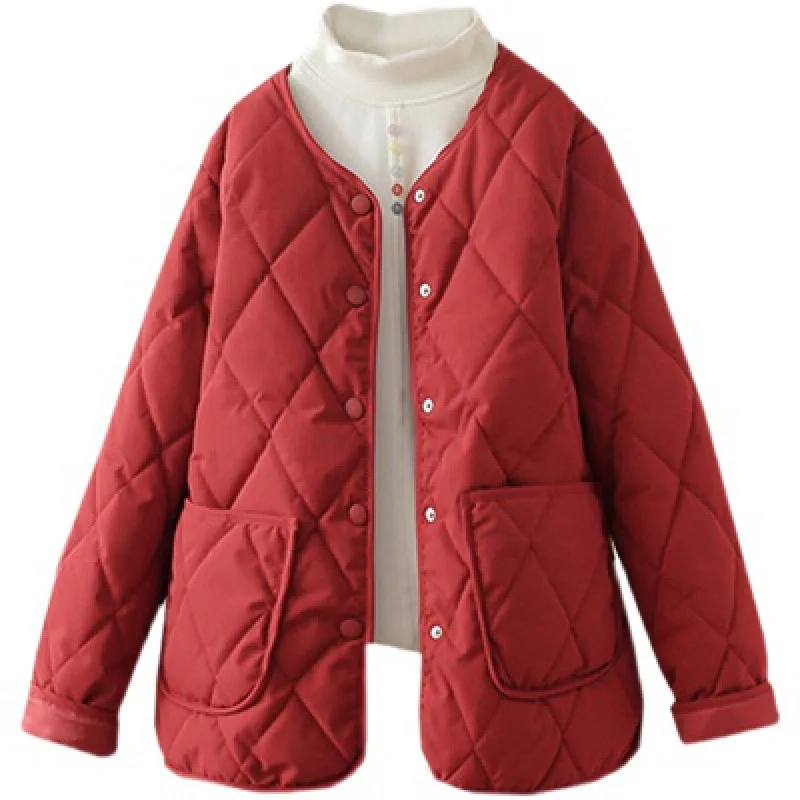Autumn Winter 2022 Women's O Neck Basic Top Lingge Collarless Parka's Cotton Jacket Short Cotton Parka Women's Cotton Parka Coat