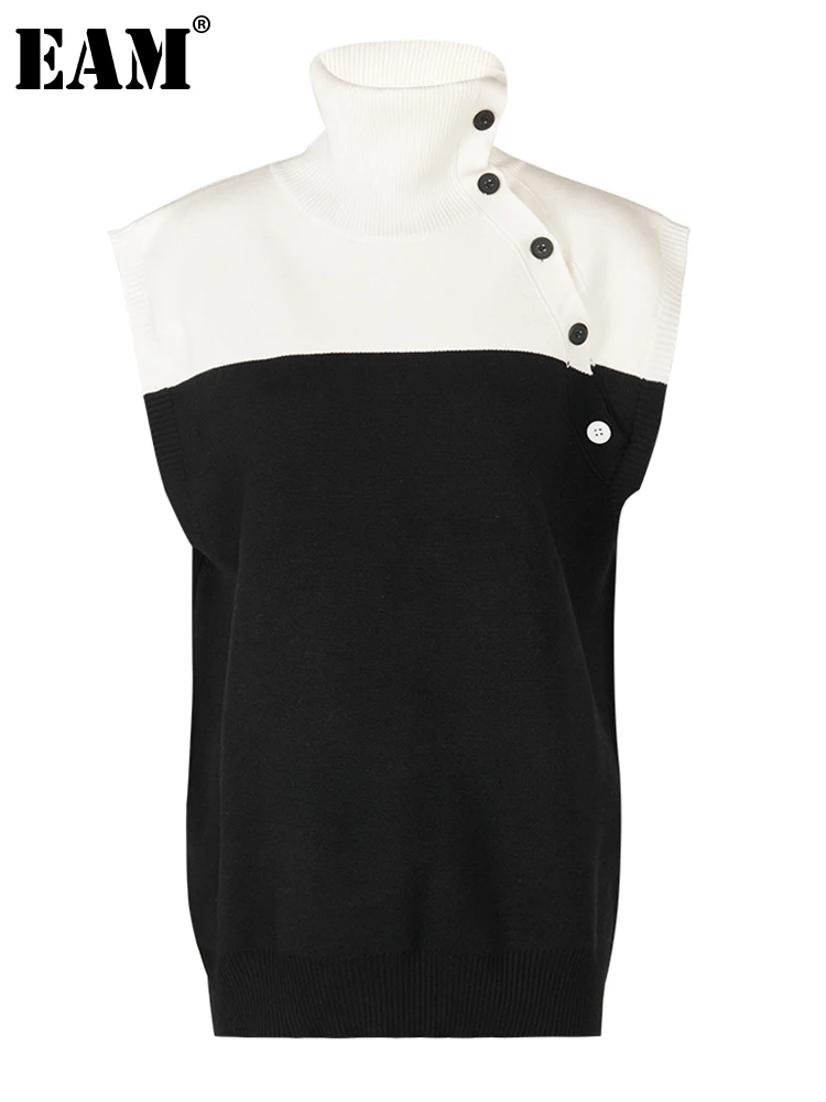 

[EAM] Women Black Color-block Knitting Casual Tank Tops New Turtleneck Sleeveless Personality Fashion Spring Summer 2023 1DF7456