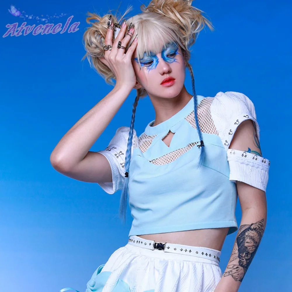 Базовая футболка в стиле Харадзюку Y2K для девочек Милая женская сетку с вырезом и