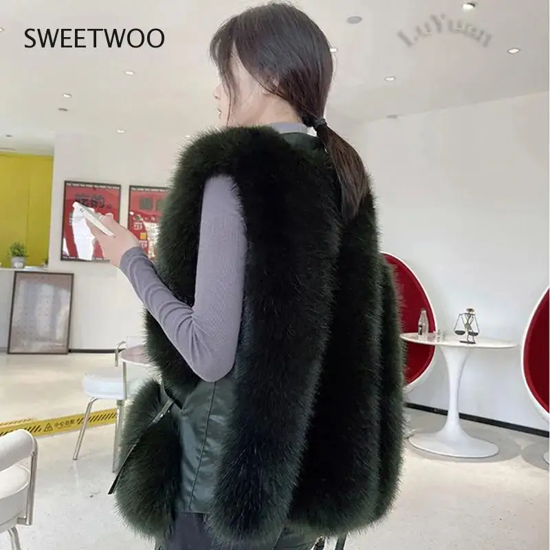 High Quality Imitation Fox Fur Vest Jacket Women Fur Vest Jacket 2021 Winter Waistcoat Long Fur Vest Female Vestcoat Sleeveless