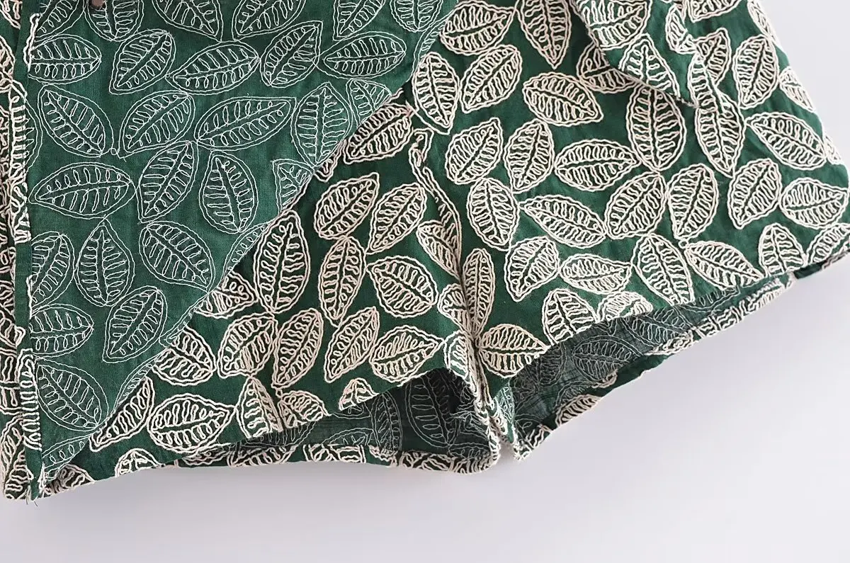 Jenny&Dave Fashion High Waist Summer Shorts Culottes Women French Country Style Green Leaf Embroidery Casual Bermuda