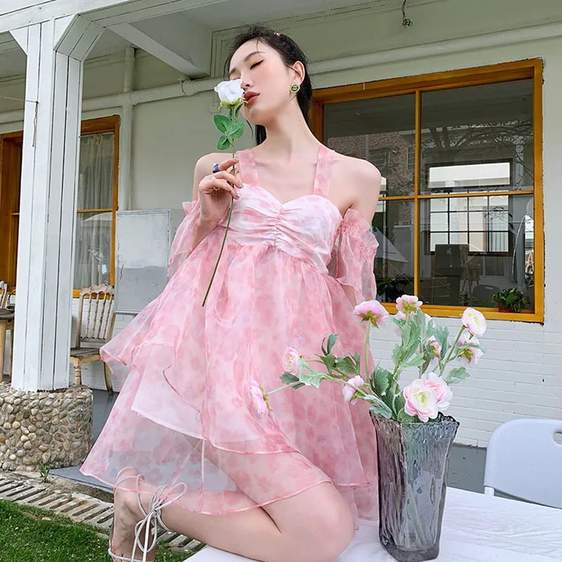 

Женское мини-платье на бретельках, летнее розовое короткое платье в Корейском стиле с завышенной талией, воротником-стойкой и рукавами-фона...