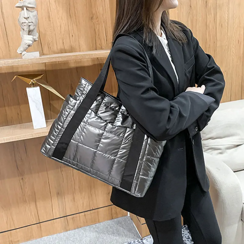 

Winter Womens Cotton Padded Bag Tote Fashion Commuter Large Capacity Casual Checkered Handbag Shopping Underarm Shoulder Bag New