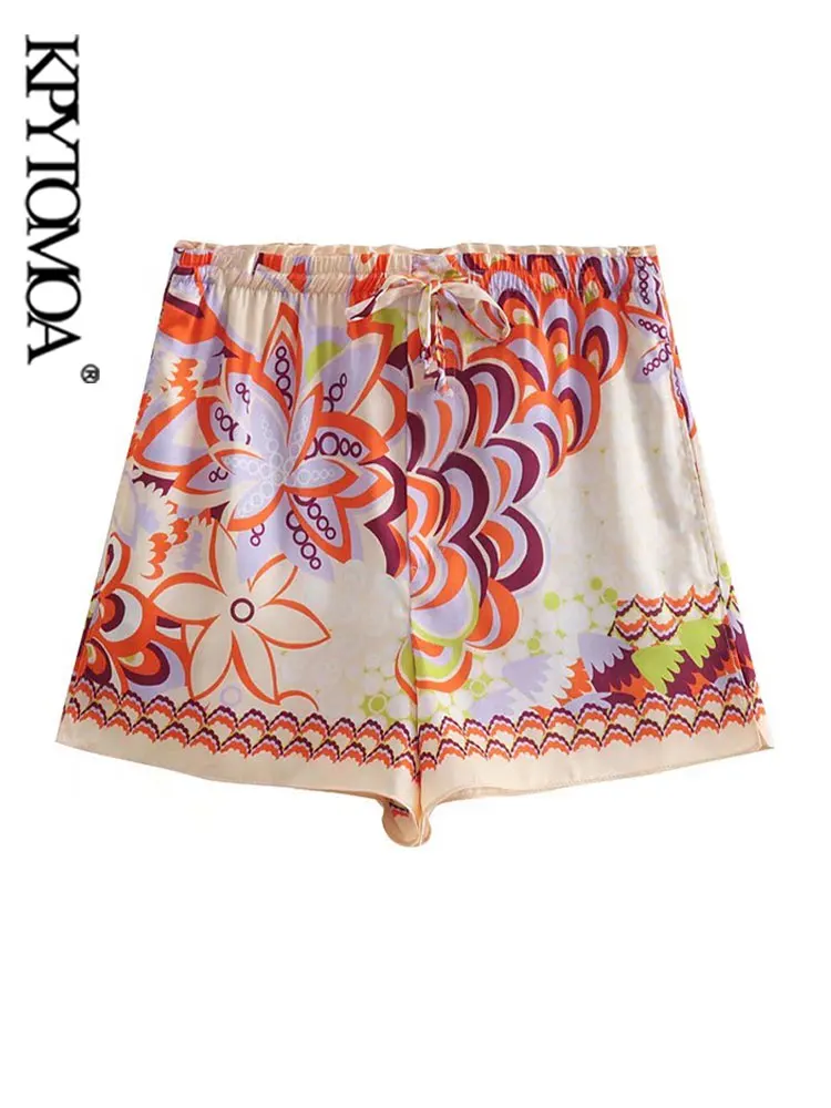

KPYTOMOA Women Fashion Side Vents Printed Shorts Vintage High Elastic Waist With Drawstring Female Short Pants Mujer