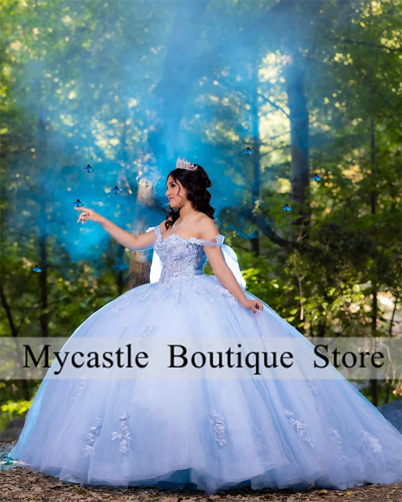 

Light Blue Ball Gown Quinceanera Dresses 2023 Lace Appliques Beaded Vestido De 15 Anos Sweet 16 Princess Birthday Dress