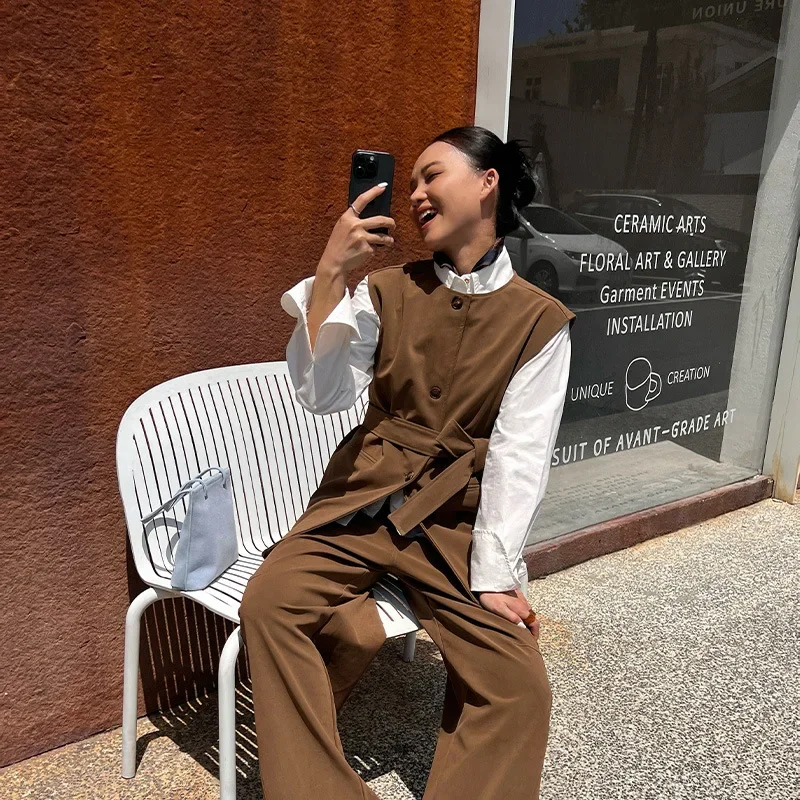 NEIHE Vintage Women's Leather Vest Single-Breasted Waist-Fitted Crew Neck Autumn Style Outerwear New Arrival 251385