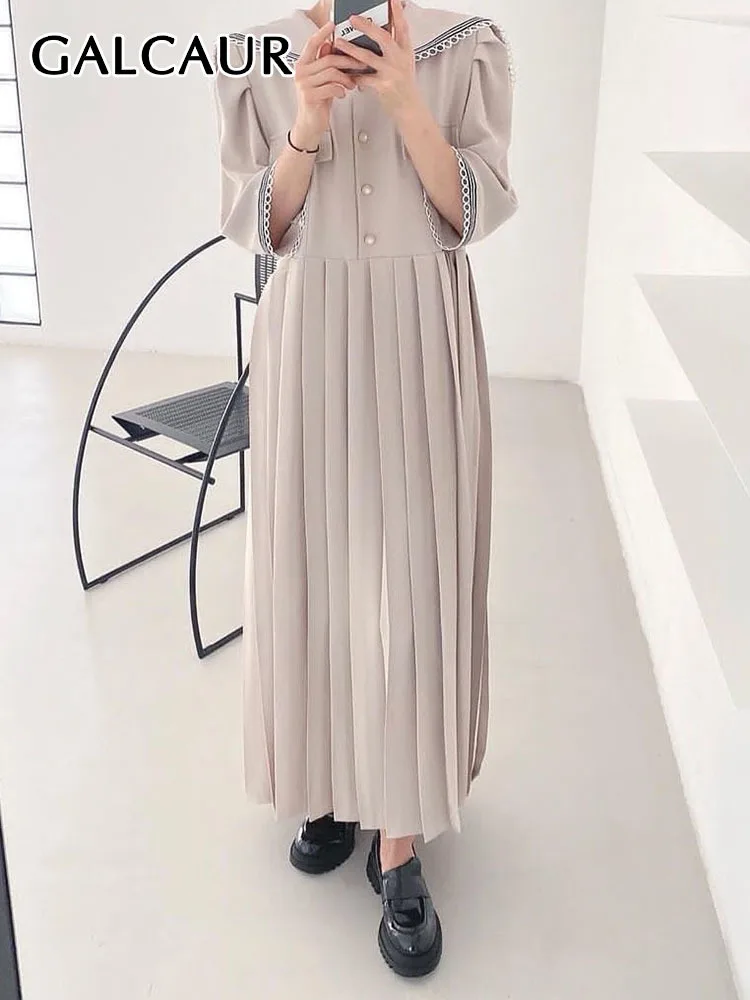 

GALCAUR Pleated Korean Dresses For Women Sailor Collar Long Sleeve Patchwork Elegant Loose Dress Female Summer 2022 Fashion New