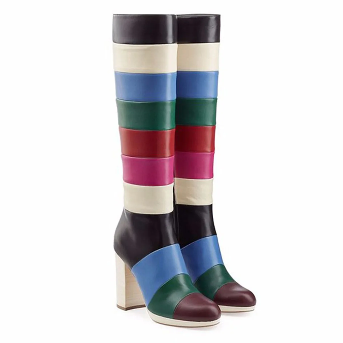 

Contrasting Color Matching Square Root Pointy Women's Boots Rainbow Autumn and Winter Boots Luxury with The Same Style Handmade