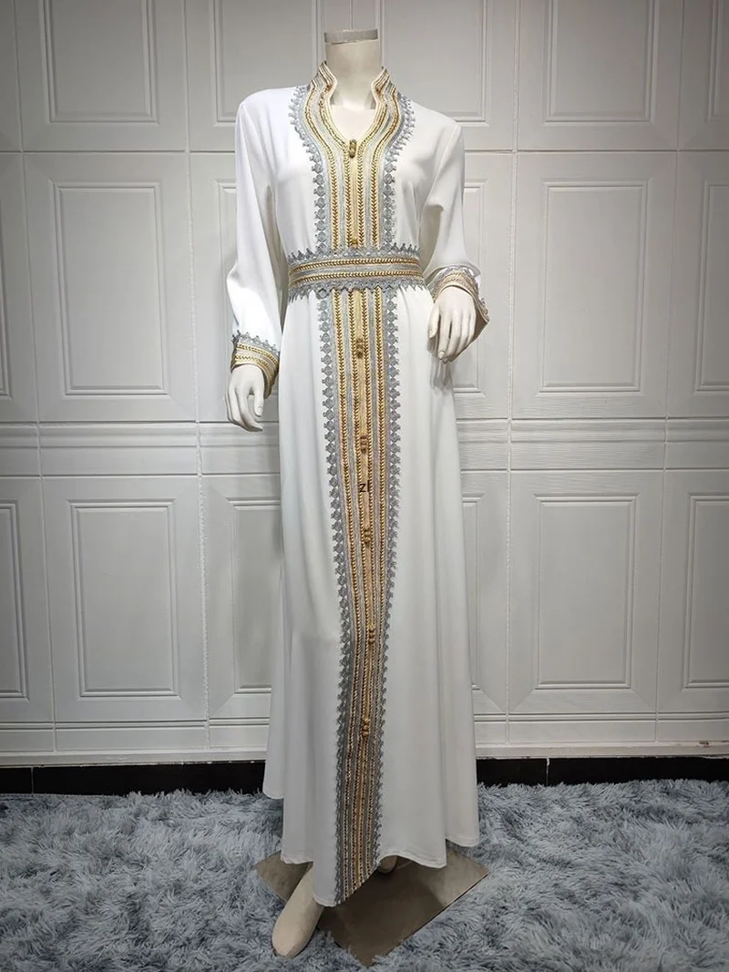 Evening Kaftan Long Dress Women Lace Trimming Arabian Abaya+Inner Slip Dress Muslim Dubai Saudi Jalabiya Wedding White Abayas