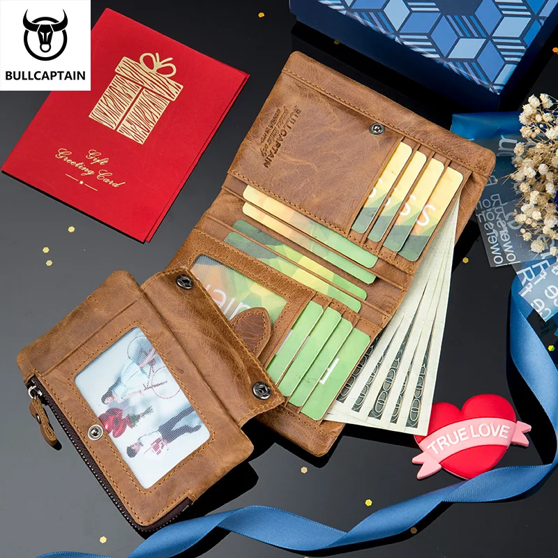 BULLCAPTAIN Men short Wallet Genuine Leather Retro Casual Multifunction Anti-theft brush Top layer cowhide Detachable coin purse