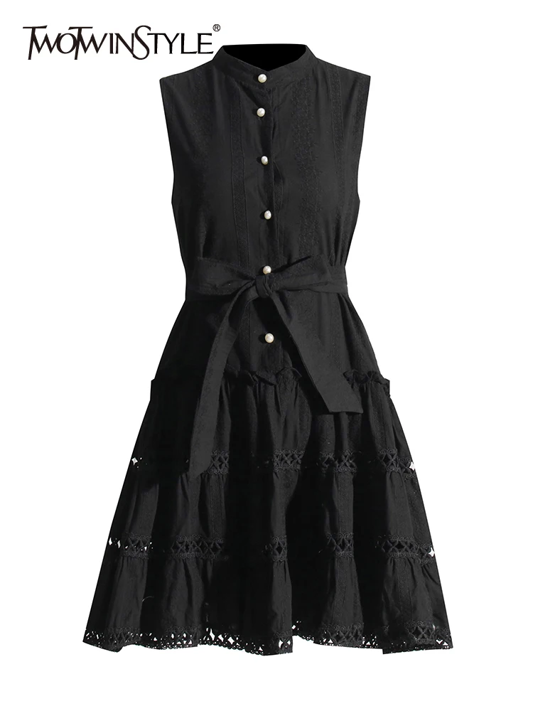 

TWOTWINSTYLE Hollow Out Summer Elegant Dresses For Women Stand Collar Sleeveless High Waist Temperament Dress Female Fashion New