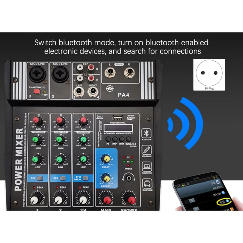 

Sound Card Audio Mixer Sound Board Console Desk System Interface 4 Channel USB Bluetooth +48V Power Stereo (EU Plug)