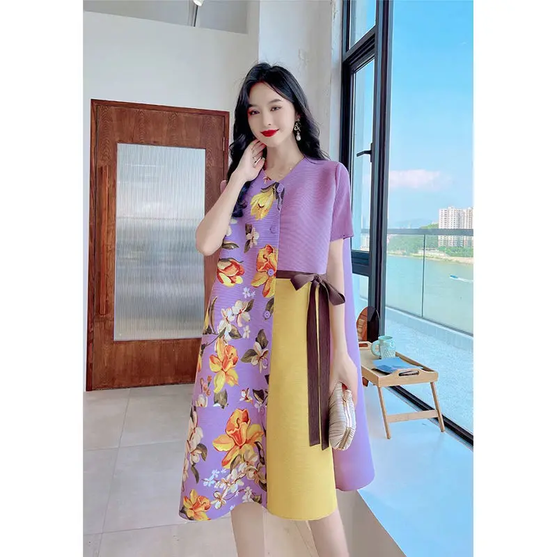 

Casual lady single -breasted dress female 2022 new summer dress thinner o neck short sleeve printed thin folded dress tops