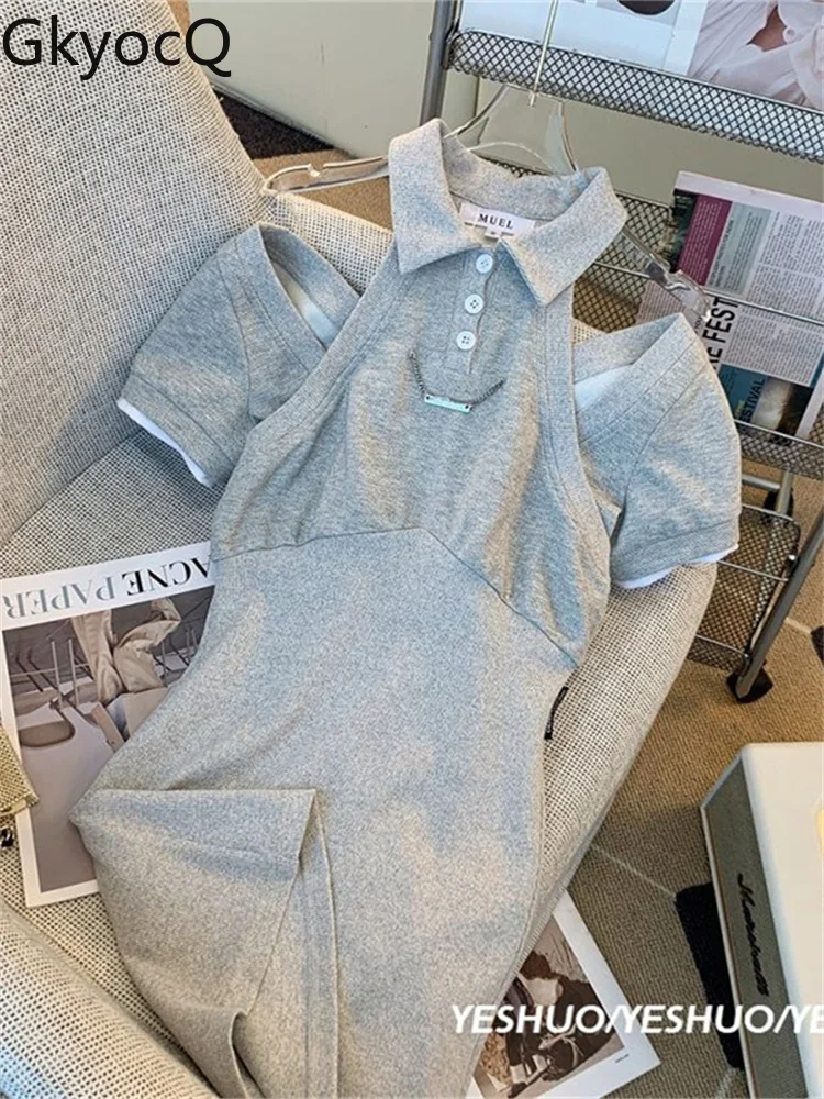 

GkyocQ Oversized POLO Collar Dress Female Clothes 2022 Summer New Korean Fashion Vintage Waist Slim Preppy Style Solid Trend
