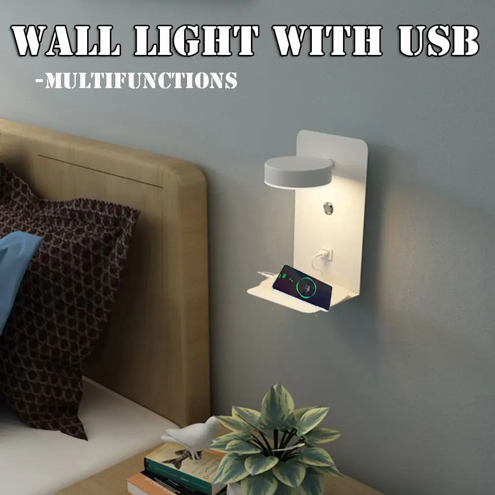 

New Wiring-free LED Wall Lamp Nordic Wall Light White with USB Mobile Phone Charging Bedroom Bedside Light