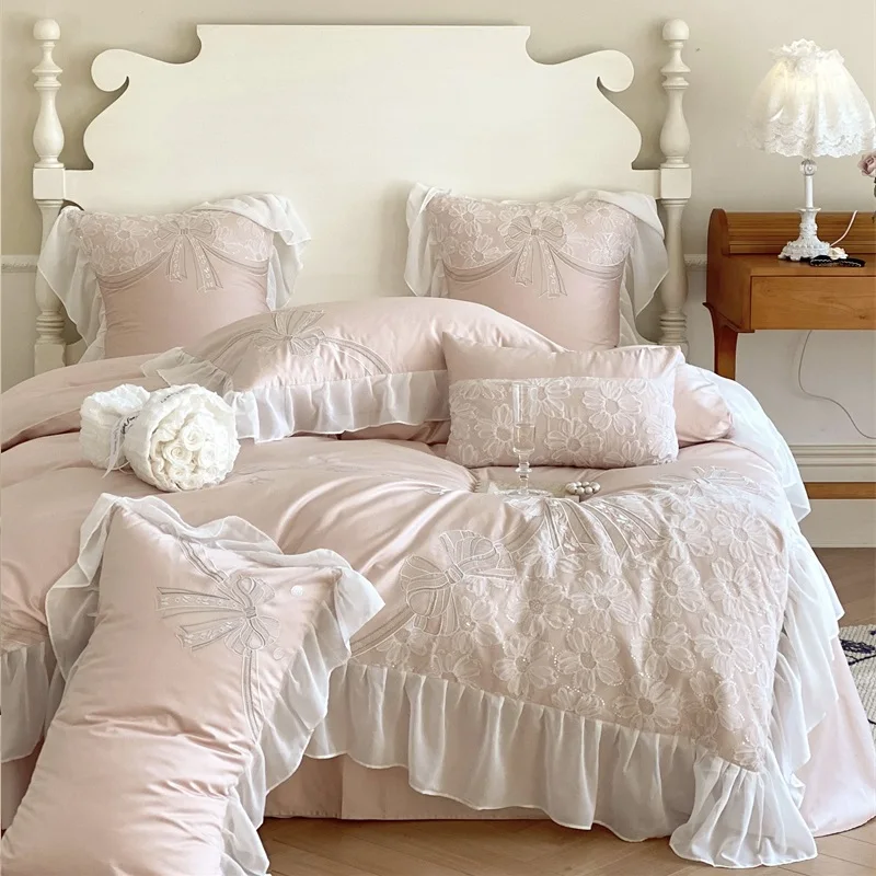 

Pink 1000TC Egyptian Cotton Chic Bow Flowers Embroidery Wedding Bedding Set Chiffon Lace Edge Duvet Cover Bed Sheet Pillowcases