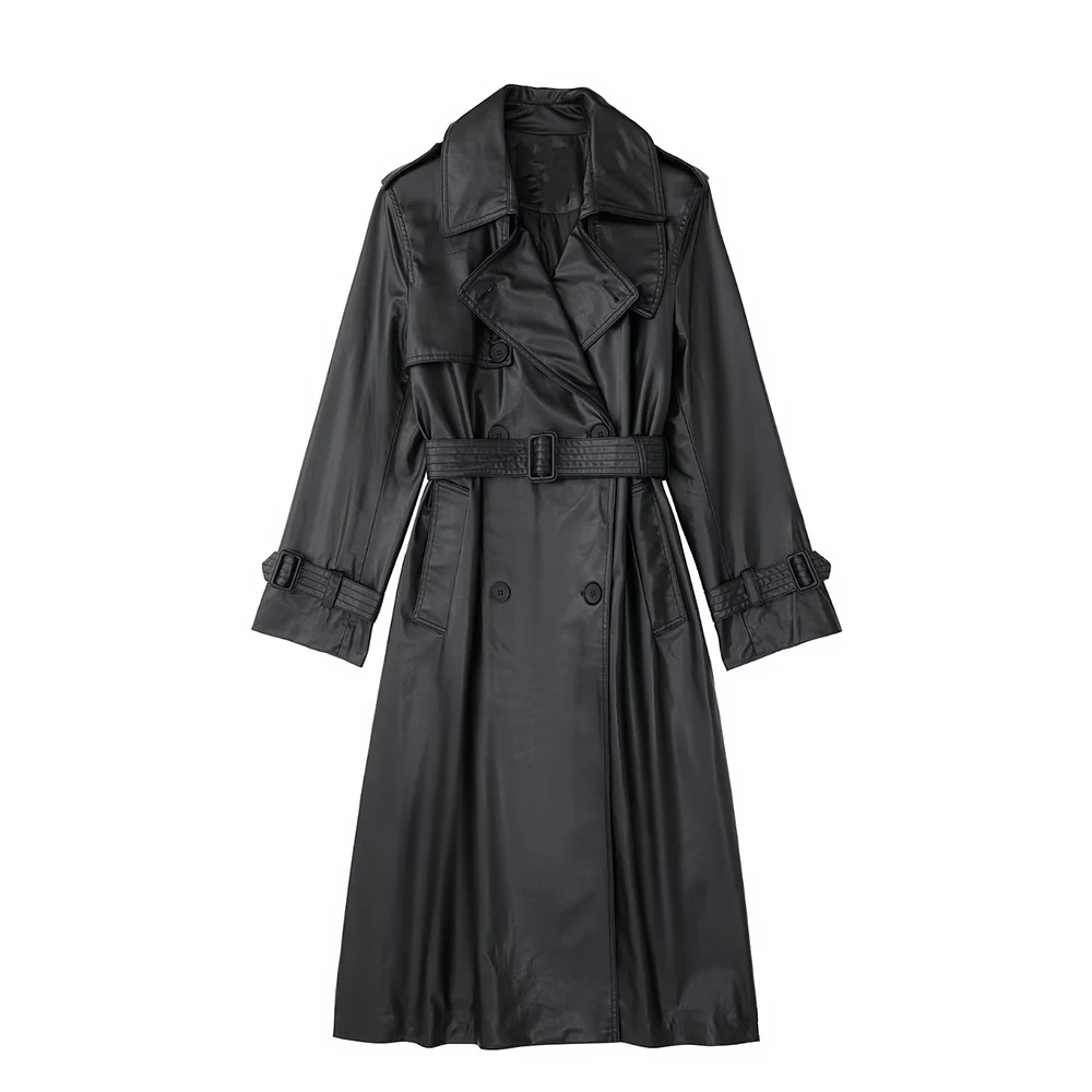 Women's Fall 2022 New Retro Fashion Chic Belted Faux Leather Long Trench Coat Casual Lapel Double Breasted Pocket Top Mujer
