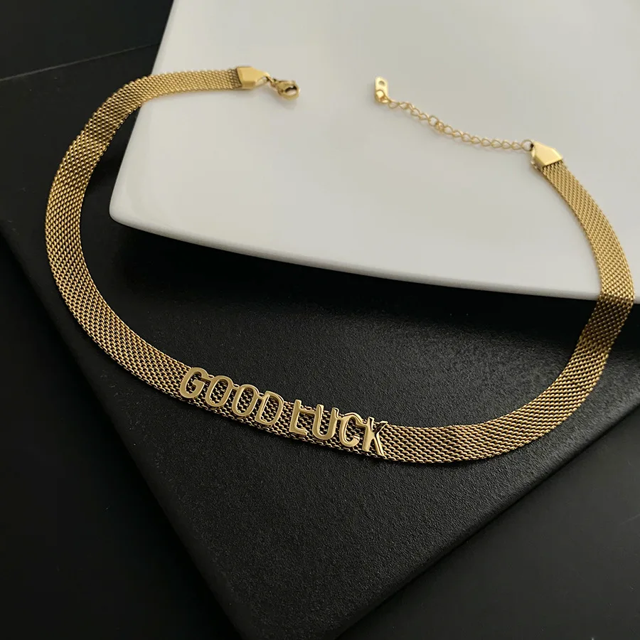 

RACHELZ Light Luxury Good Luck Letter Choker Vintage Stainless Steel Chain Necklace For Women Jewelry Non Tarnish Accessories